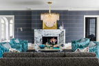 Modern Antique Brass Clear Feather Chandelier in Formal Living Room