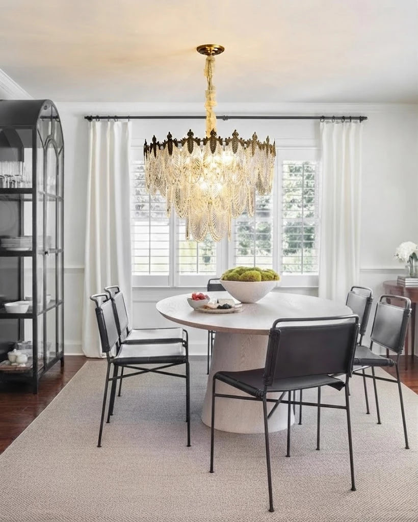 Modern Clear Feather Wave Art Glass Chandelier Over Round Dining Table