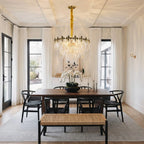 Modern Antique Brass Clear Feather Chandelier in Elegant Dining Room