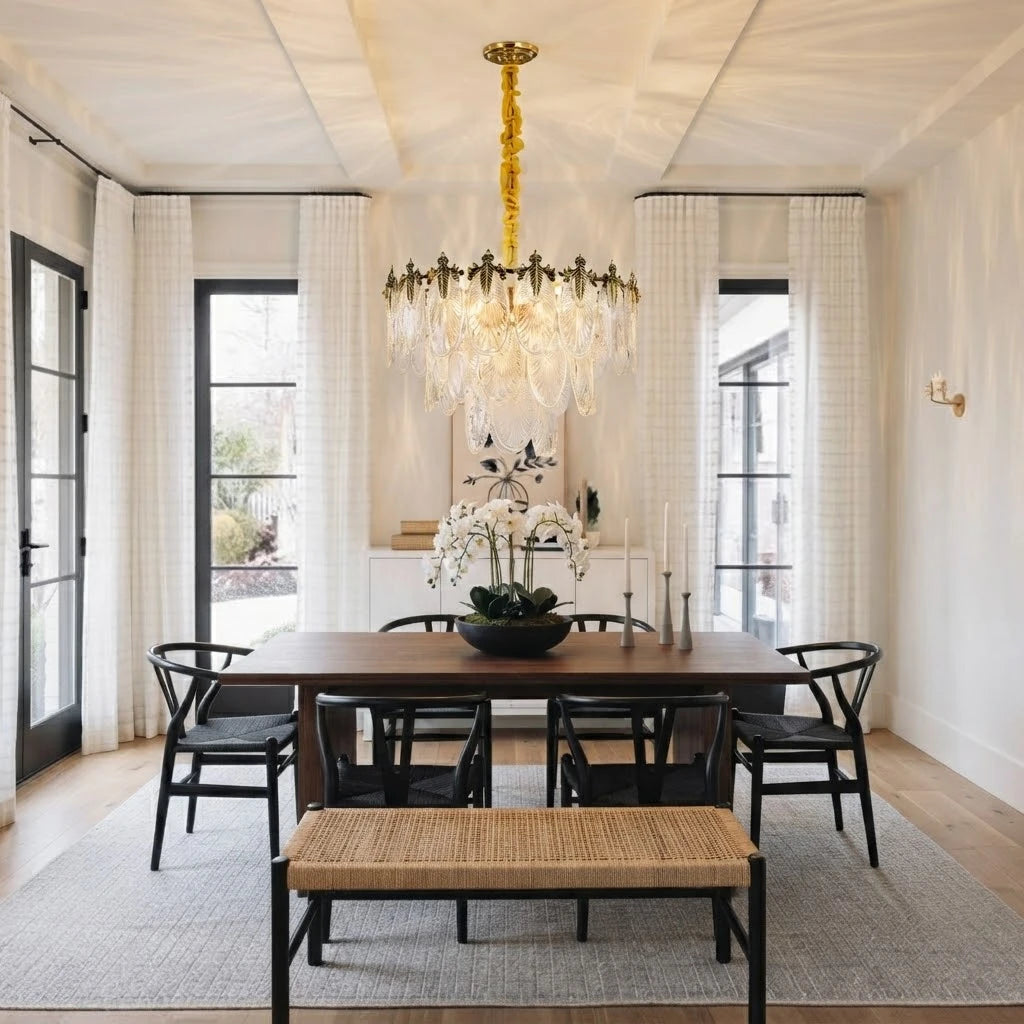 Modern Antique Brass Clear Feather Chandelier in Elegant Dining Room