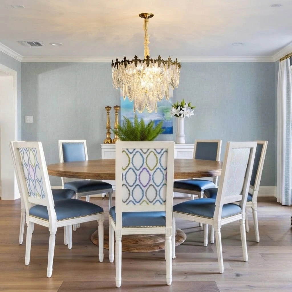 Modern Antique Brass Clear Feather Chandelier in Formal Dining Area