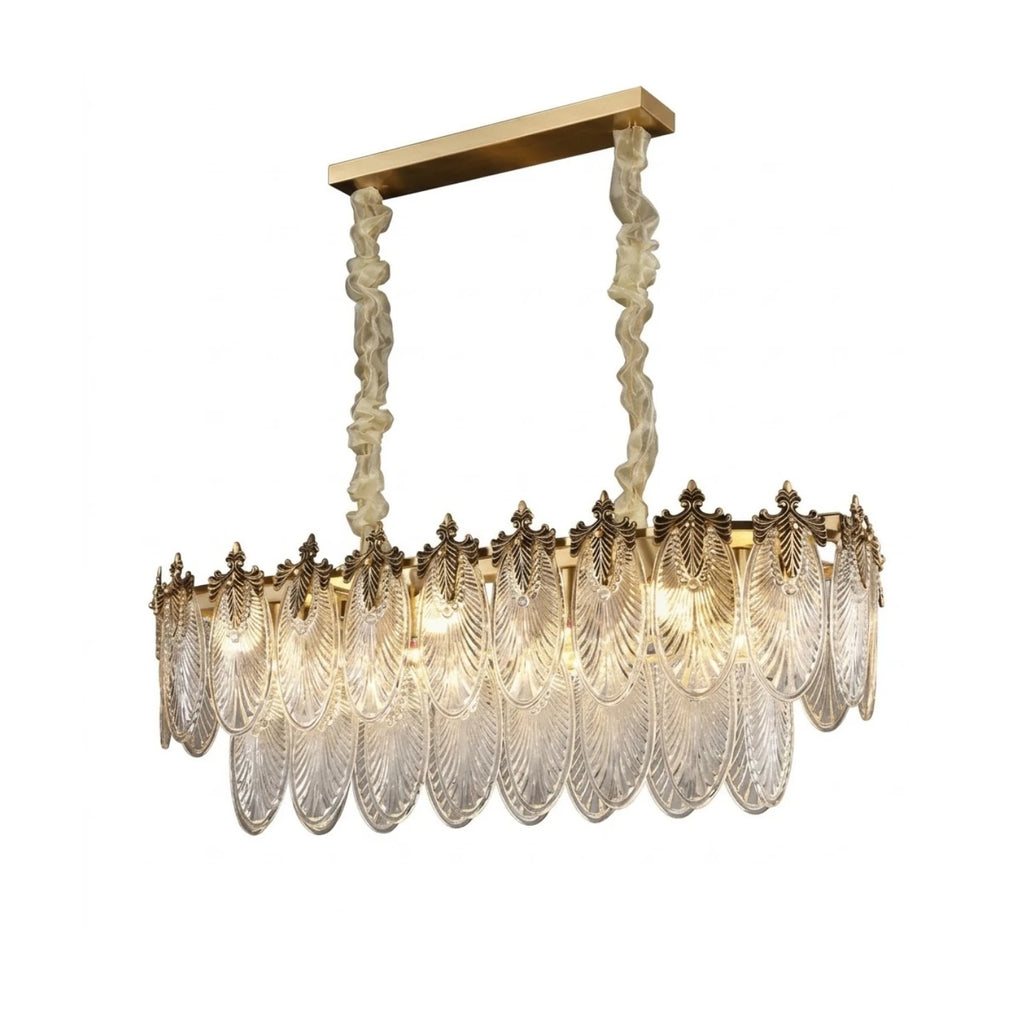 Modern Antique Brass and Amber Feather Wave Art Glass Linear Chandelier with Gold Canopy on Pure White Background