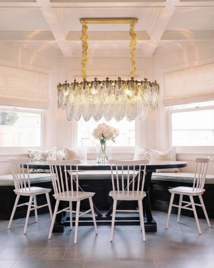 Modern Amber Feather Wave Art Glass Linear Chandelier Over Dining Nook
