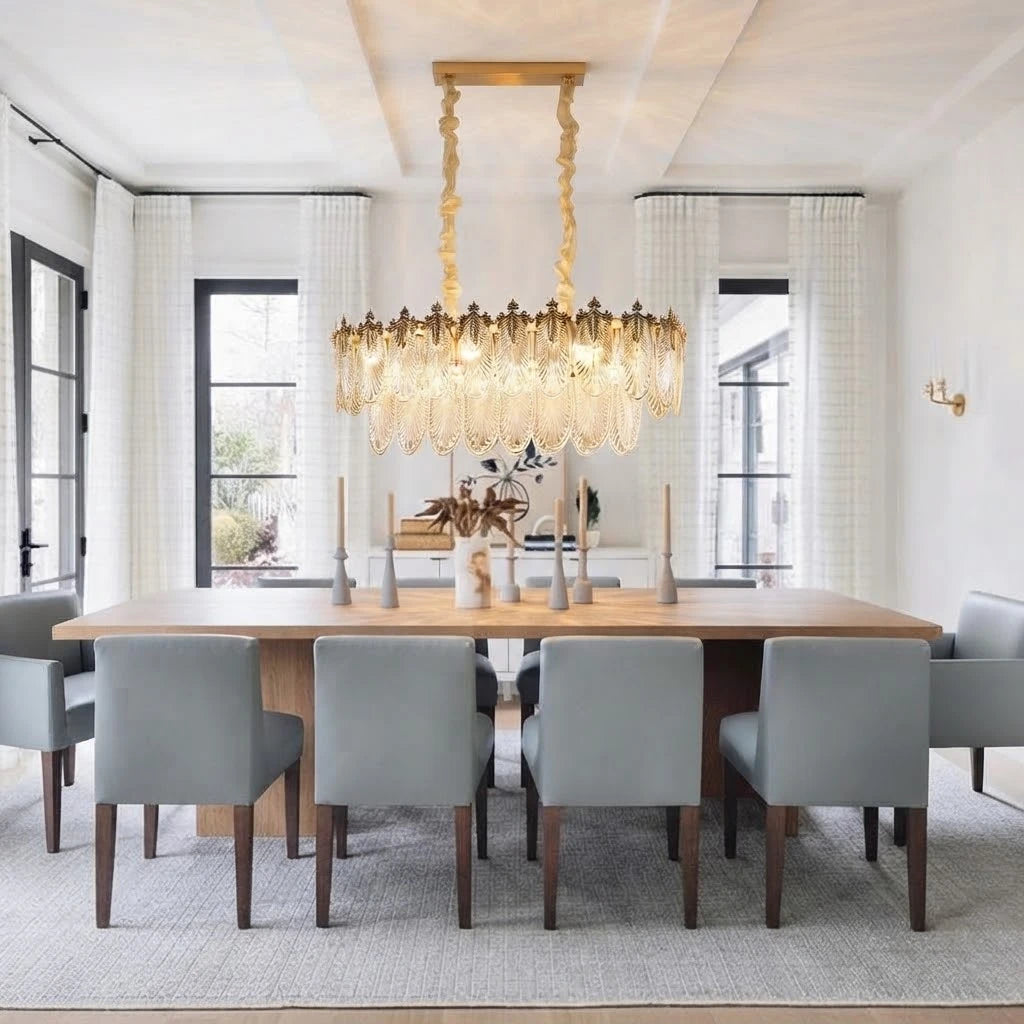 Modern Amber Feather Wave Art Glass Linear Chandelier in Cozy Dining Space