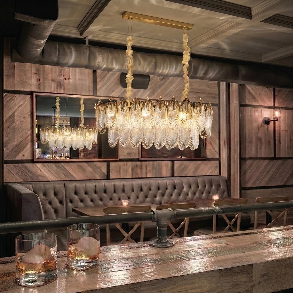 Modern Antique Brass Amber Feather Chandelier in Retro Lounge Bar Setting