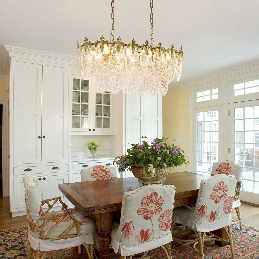 Modern Antique Brass Amber Feather Chandelier in Stylish Dining Setting