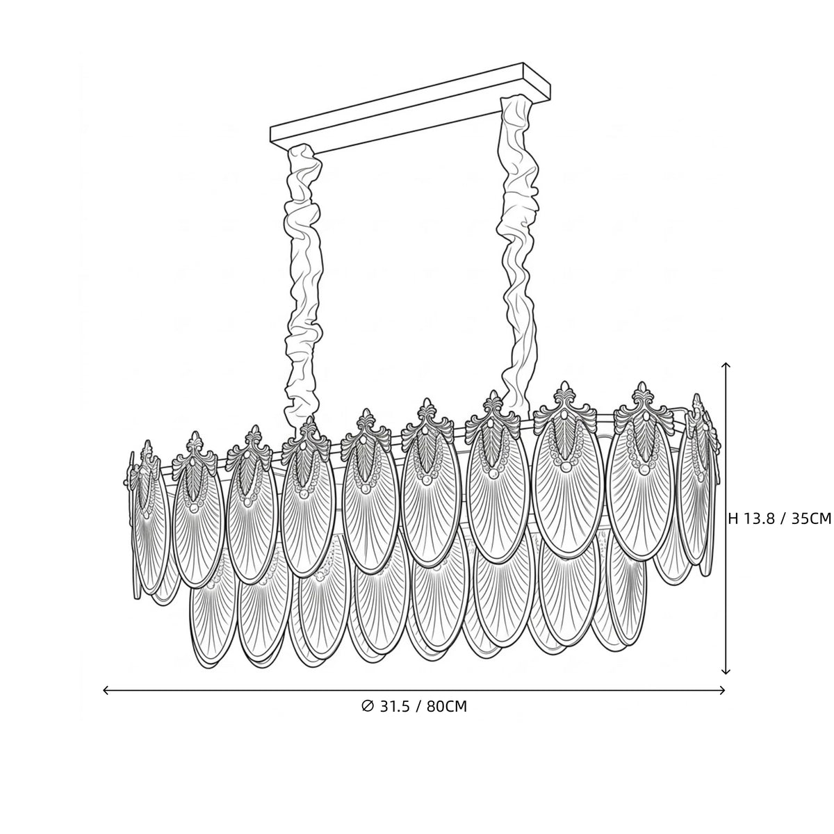 Modern Amber Feather Wave Art Glass Linear Chandelier Line Art Dimension Diagram