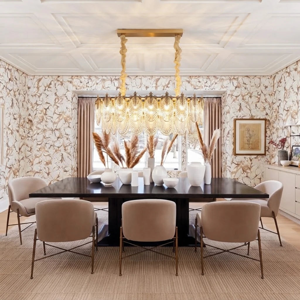 Modern Antique Brass Amber Feather Chandelier in Open Plan Dining Setting
