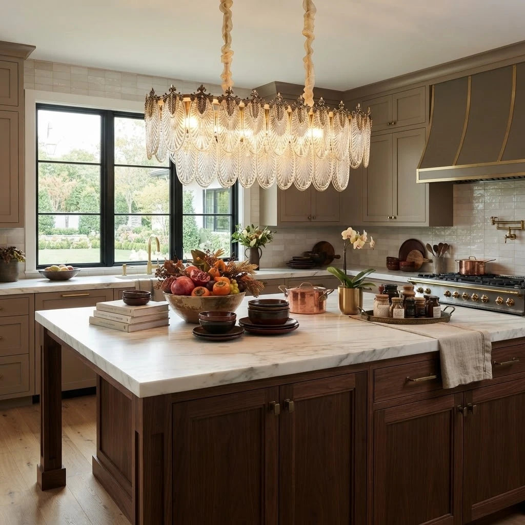 Modern Amber Feather Wave Art Glass Linear Chandelier in Kitchen Dining Area