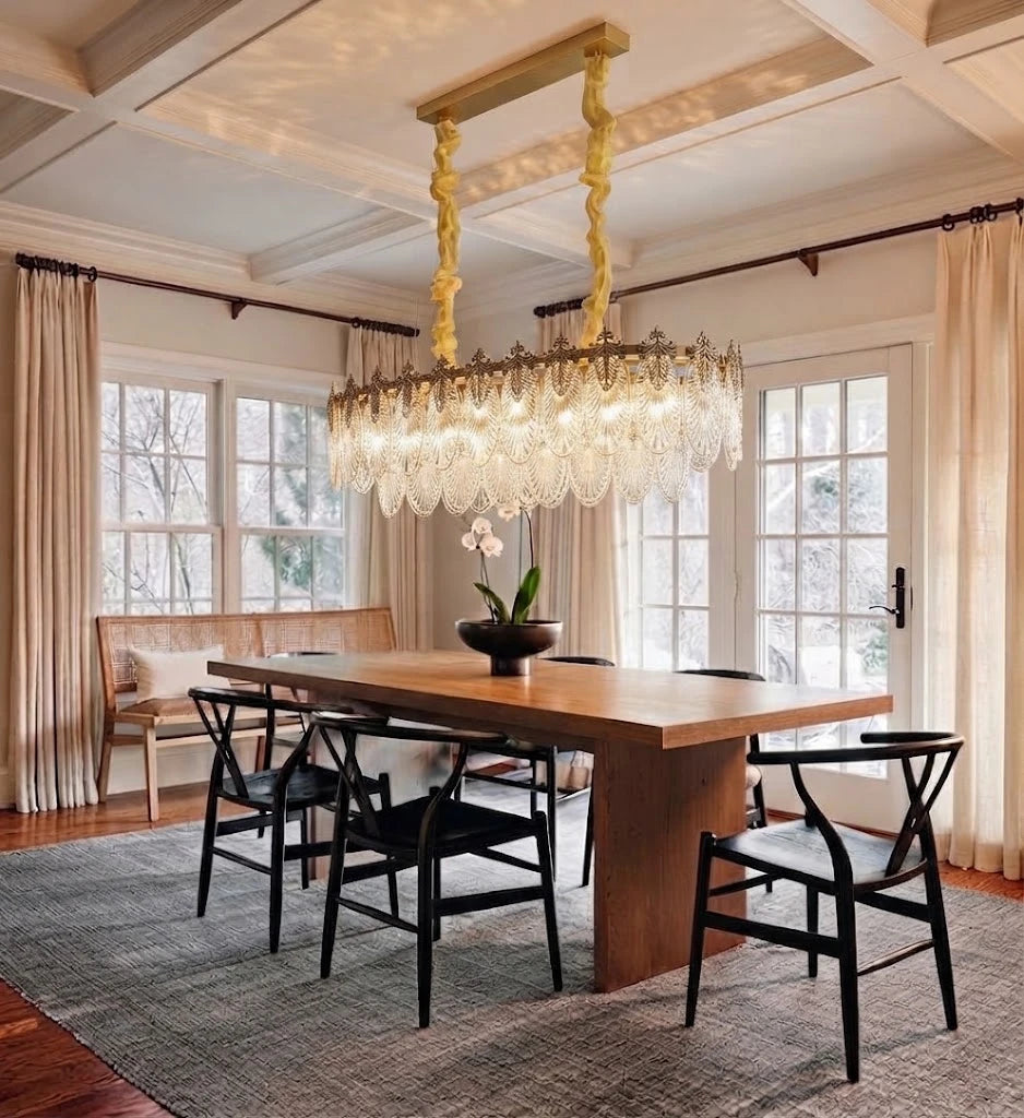 Modern Amber Feather Wave Art Glass Linear Chandelier in Formal Dining Room