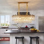 Modern Antique Brass Amber Feather Chandelier Over Kitchen Island