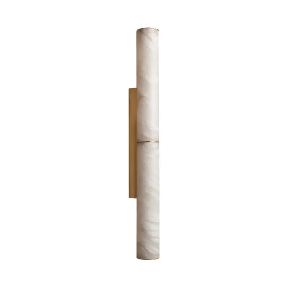 Modern Dual-Tier Cylindrical Alabaster Art Glass Wall Sconce with Brass Mounting on Pure White Background