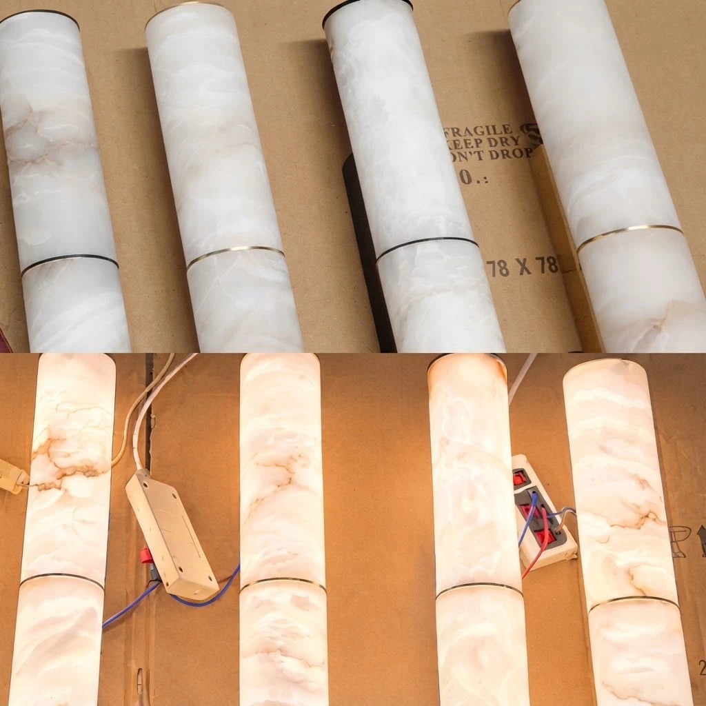 Illuminated Alabaster Cylinders Production and Quality Testing Display