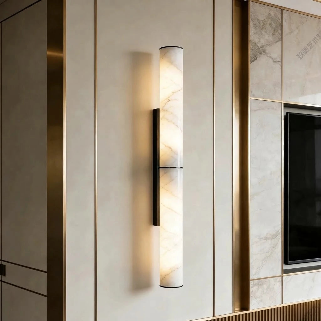 Modern Dual-Tier Alabaster Wall Sconce in Luxury Living Room
