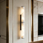 Modern Dual-Tier Alabaster Wall Sconce in Luxury Living Room