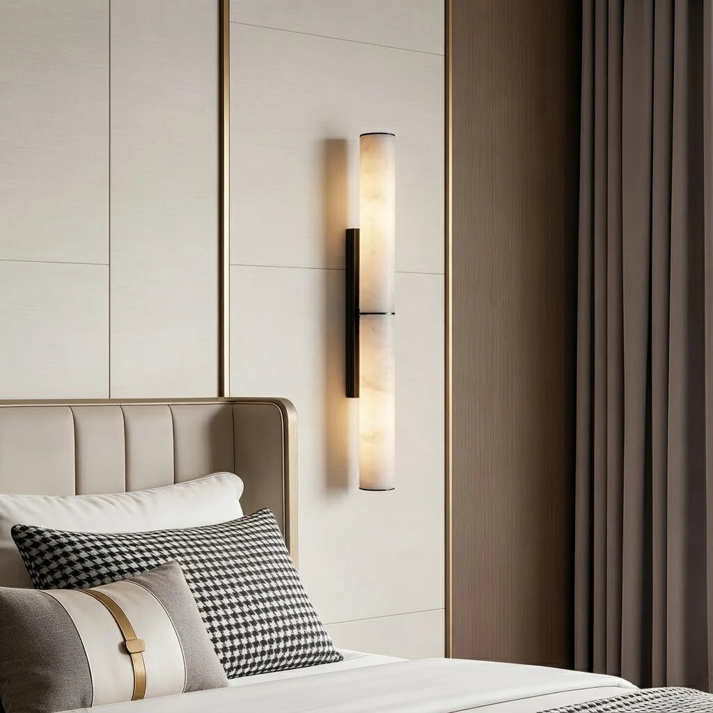 Modern Dual-Tier Alabaster Wall Sconce Over Bedside Setting
