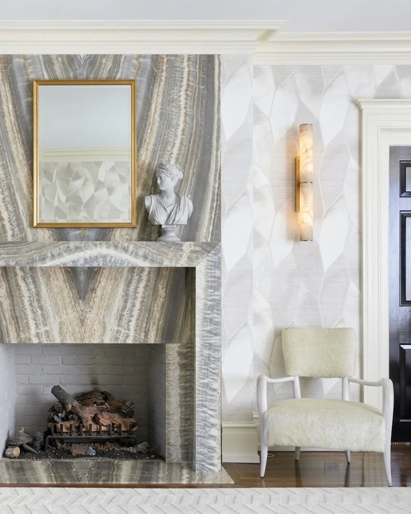 Modern Dual-Tier Alabaster Wall Sconce Near Fireplace Mantel
