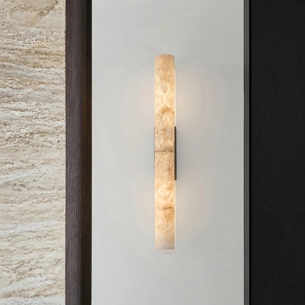 Modern Dual-Tier Alabaster Wall Sconce on Paneled Accent Wall