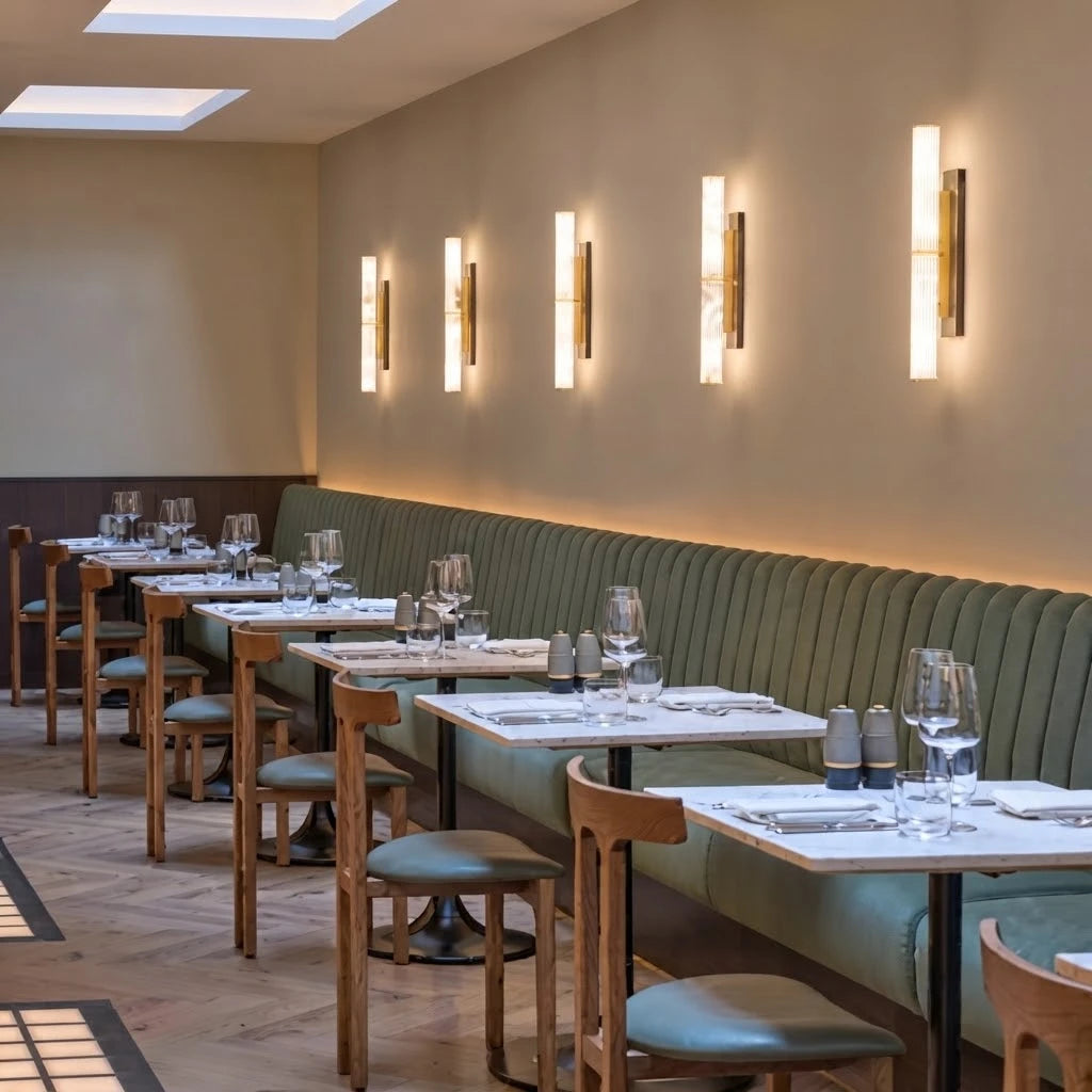 Modern Dual-Tier Alabaster Wall Sconces Aligned Along Restaurant Corridor
