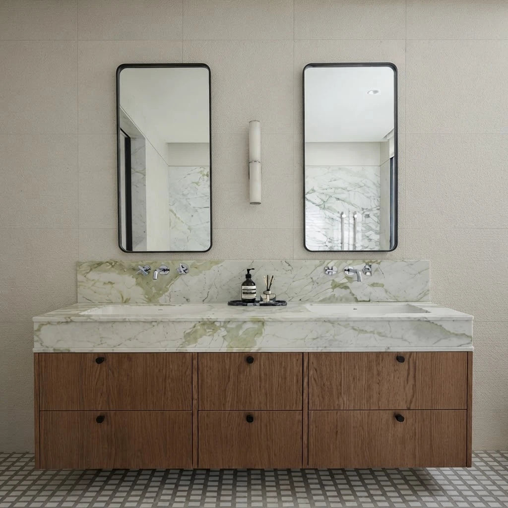 Modern Dual-Tier Alabaster Wall Sconces in Bathroom Vanity Setting