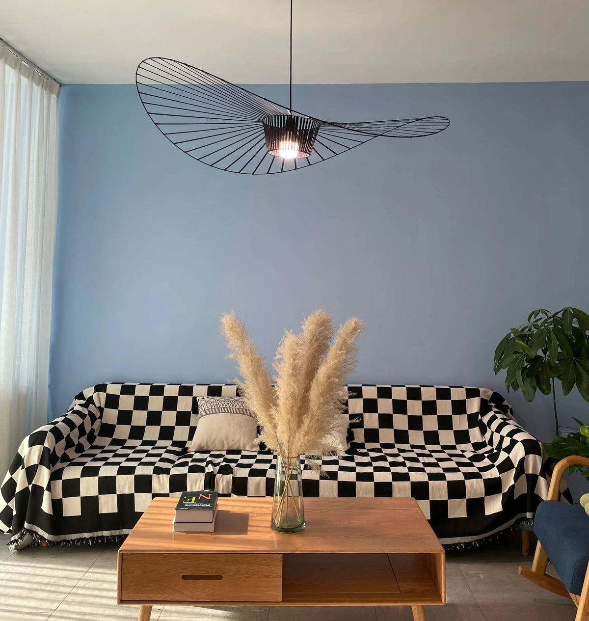 Modern Black Wire Large Brim Art Pendant Light in Cozy Living Area