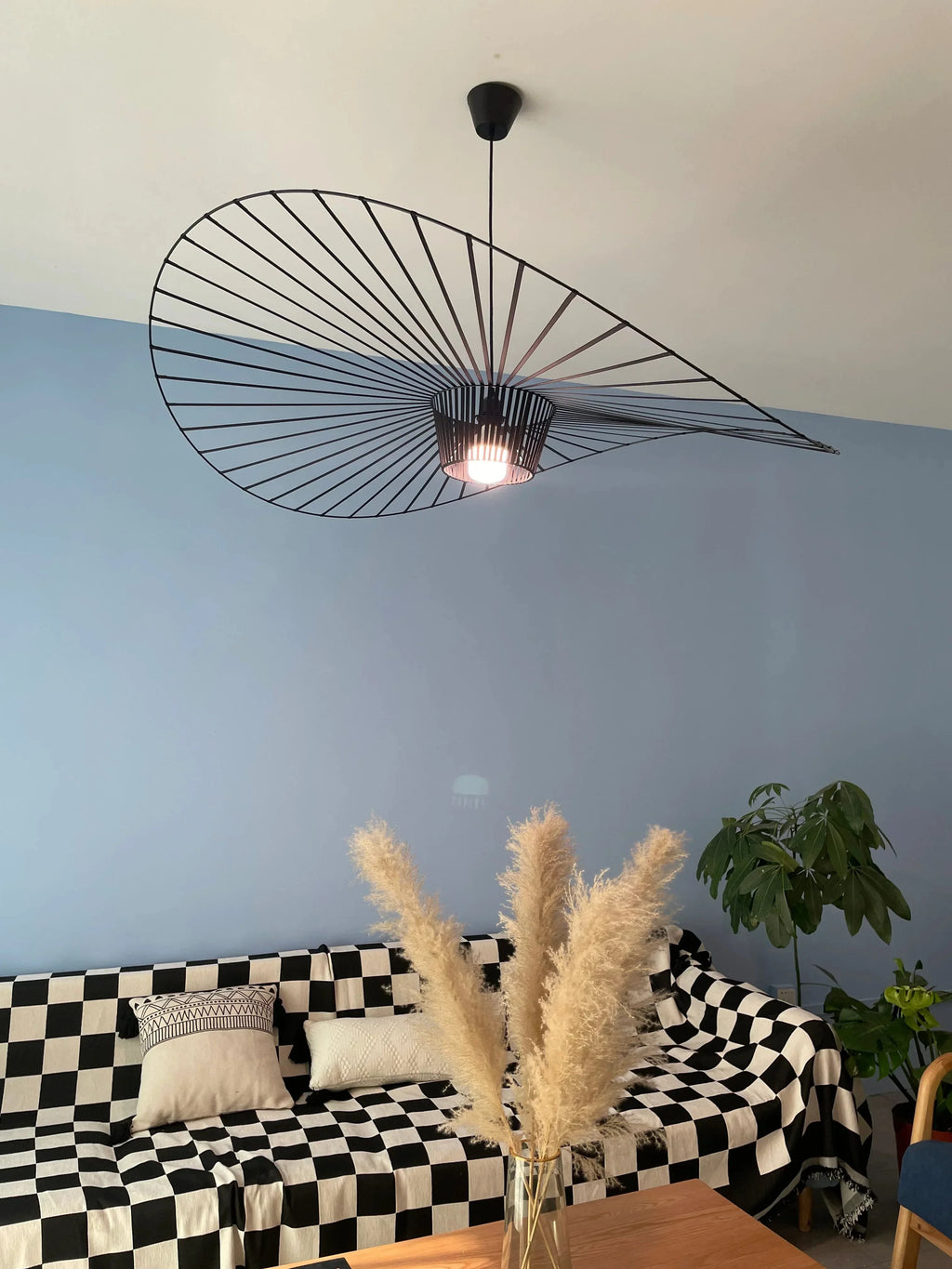 Modern Black Wire Large Brim Pendant Light in Contemporary Living Room