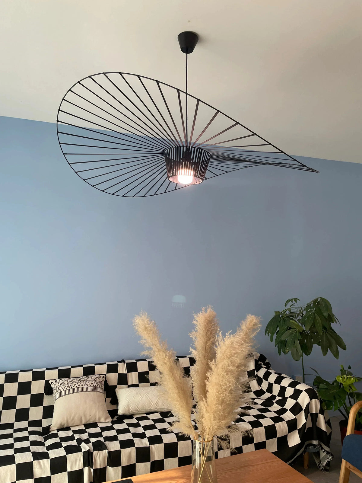 Modern Black Wire Large Brim Pendant Light in Contemporary Living Room