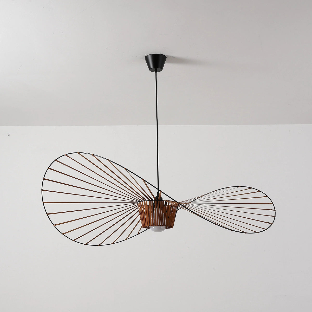Illuminated Modern Wood Base Black Wire Pendant Light Studio Display