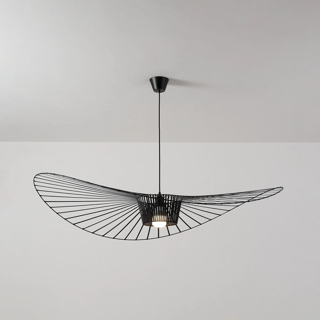 Illuminated Modern Black Wire Large Brim Pendant Light Studio Shot