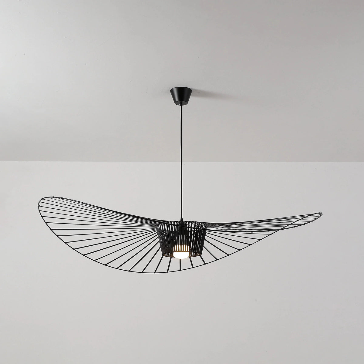 Illuminated Modern Black Wire Large Brim Pendant Light Studio Shot