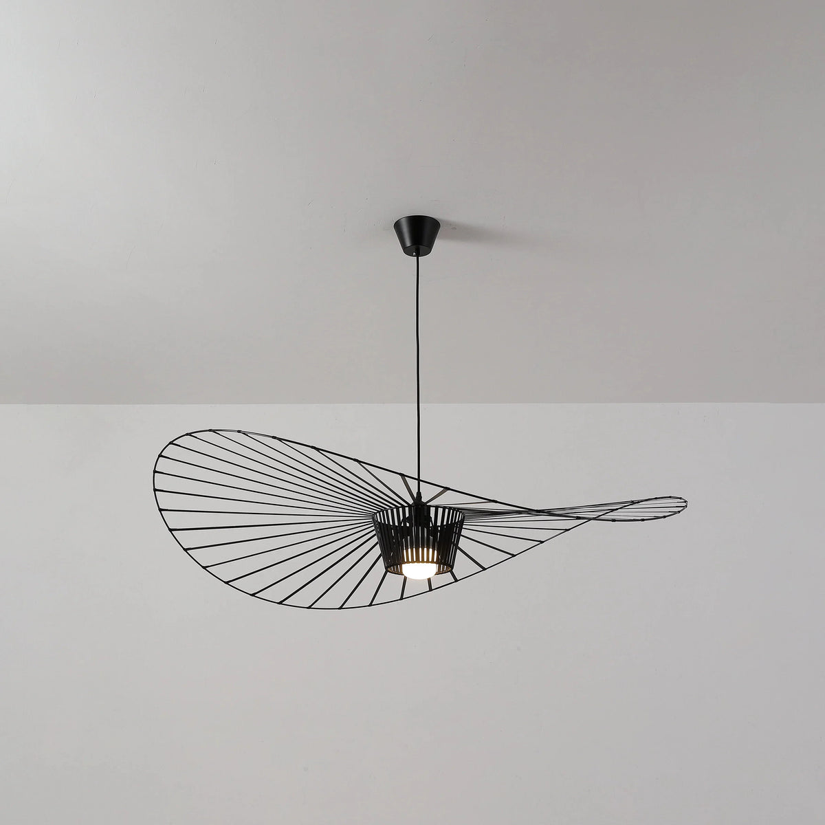 Angled Front View of Modern Black Wire Pendant Light Studio Shot