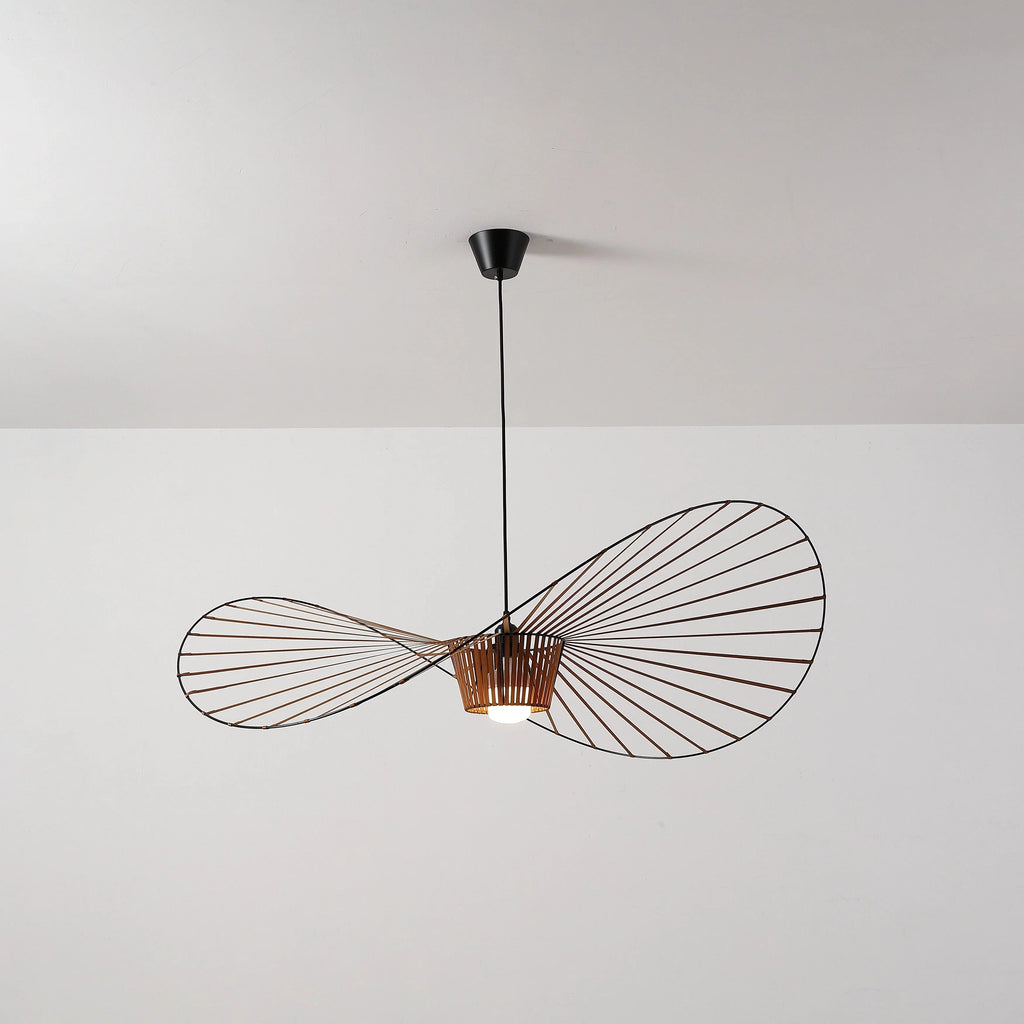 Illuminated Modern Wood Base Black Wire Pendant Light Studio Shot