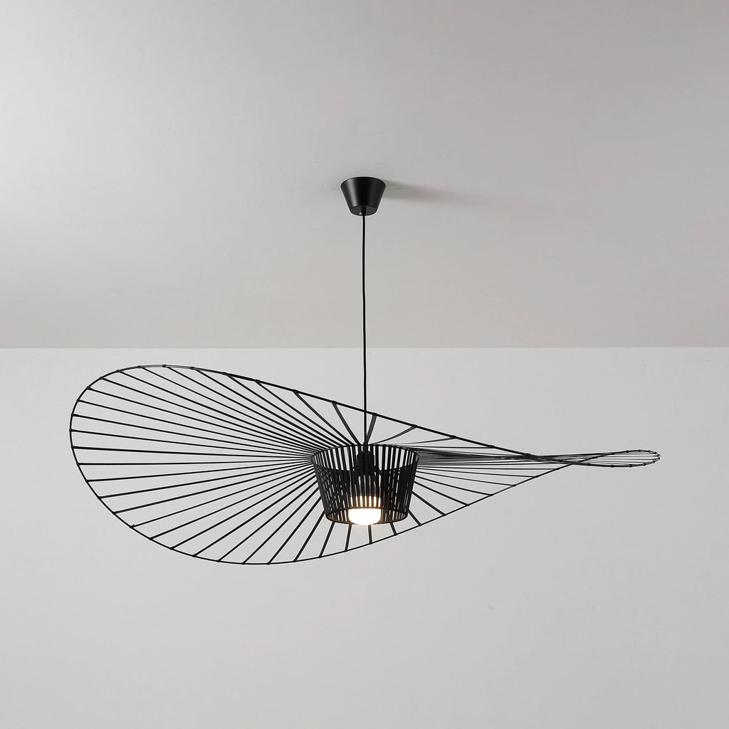 Upward View of Modern Black Wire Large Brim Pendant Light Studio Display
