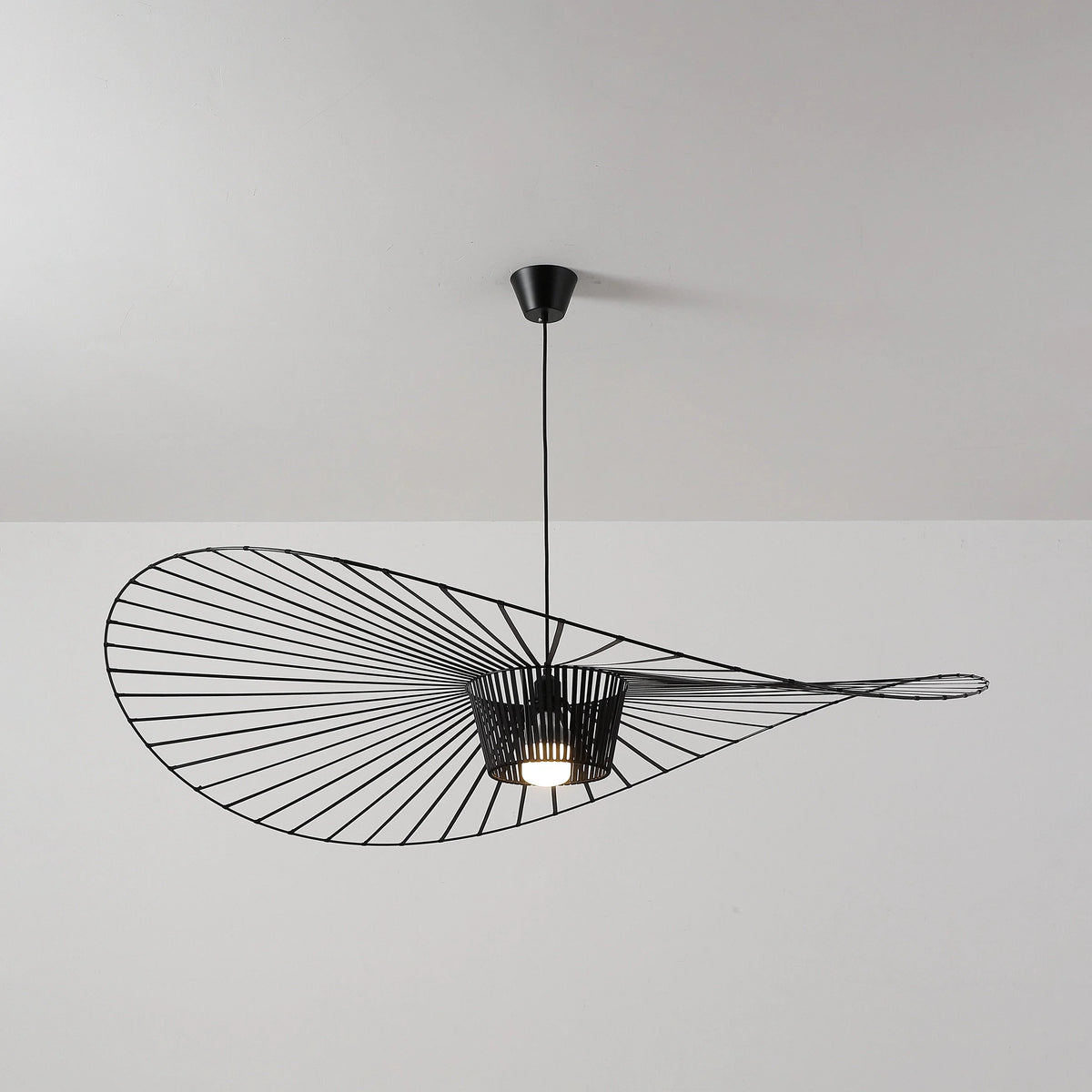 Upward View of Modern Black Wire Large Brim Pendant Light Studio Display