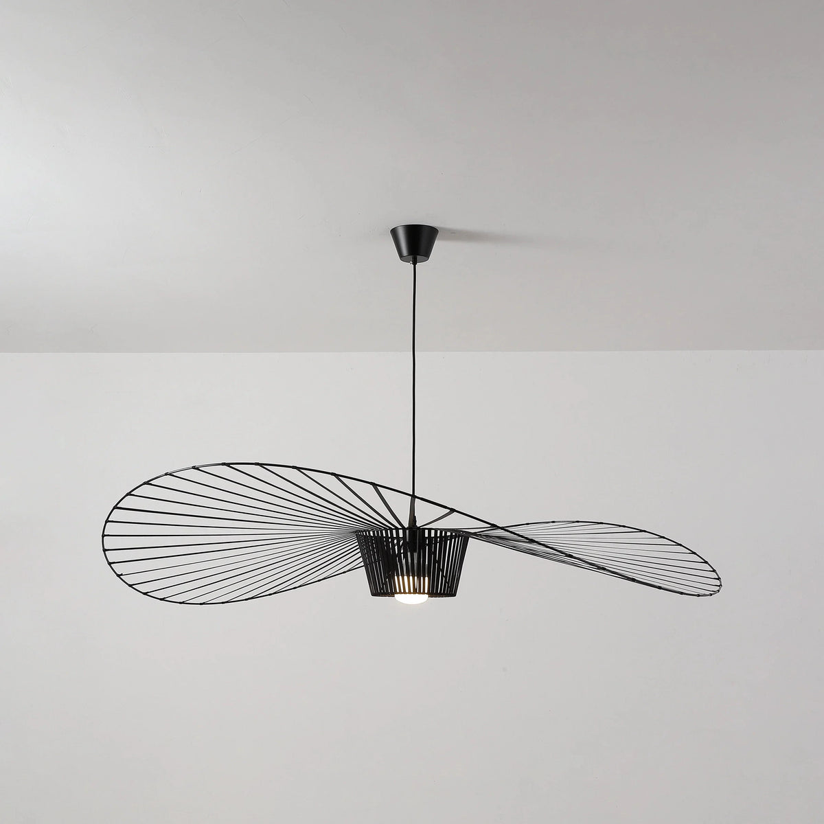 Illuminated Modern Black Wire Brim Pendant Light Studio Shot
