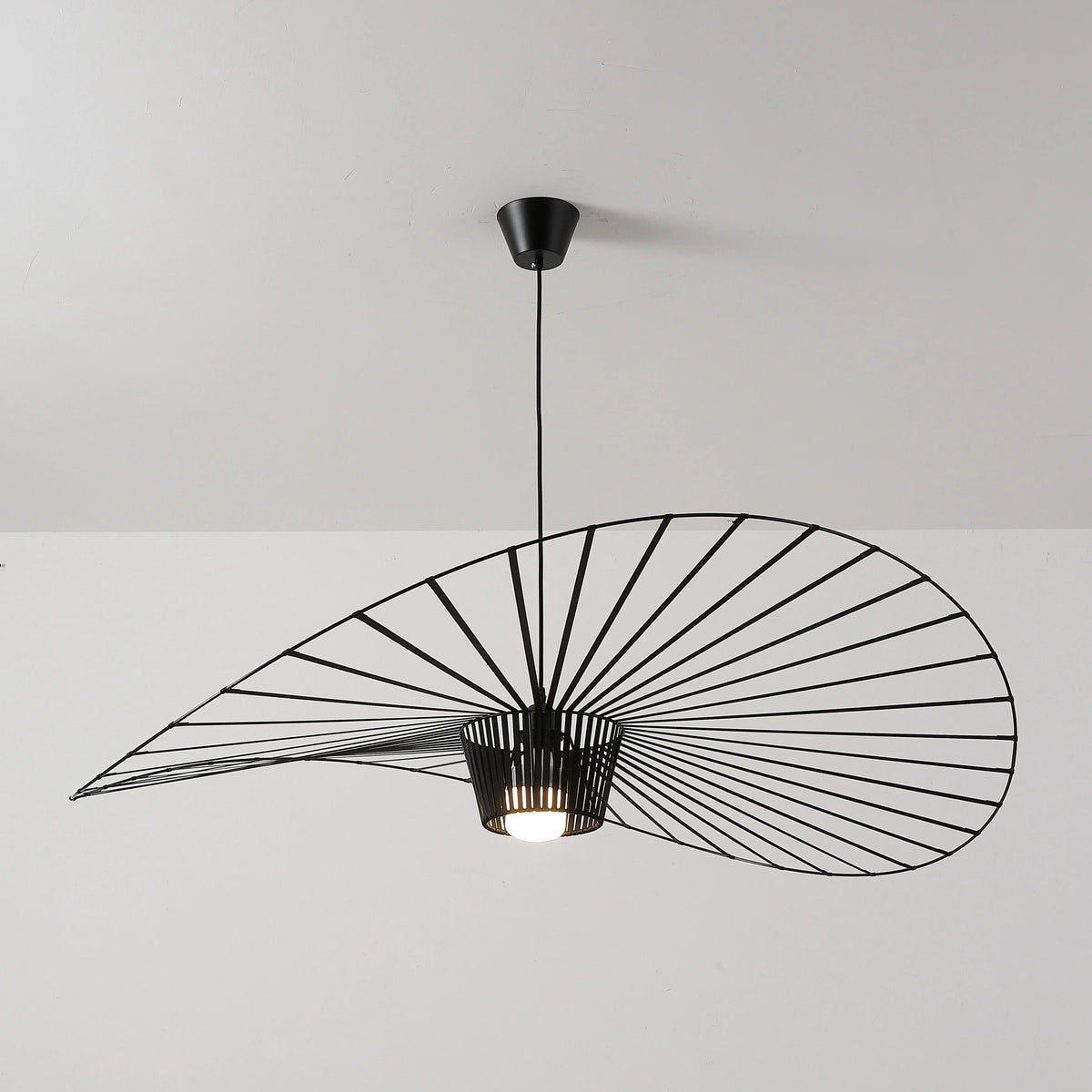 Side View of Modern Black Wire Large Brim Pendant Light Studio Display