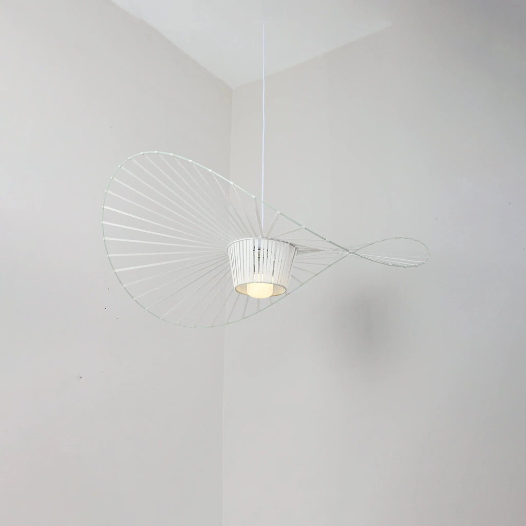 Illuminated Modern White Wire Large Brim Pendant Light Studio Display