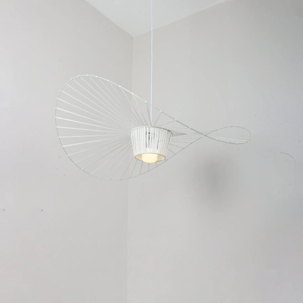 Front View of Modern White Wire Large Brim Pendant Light Studio Shot