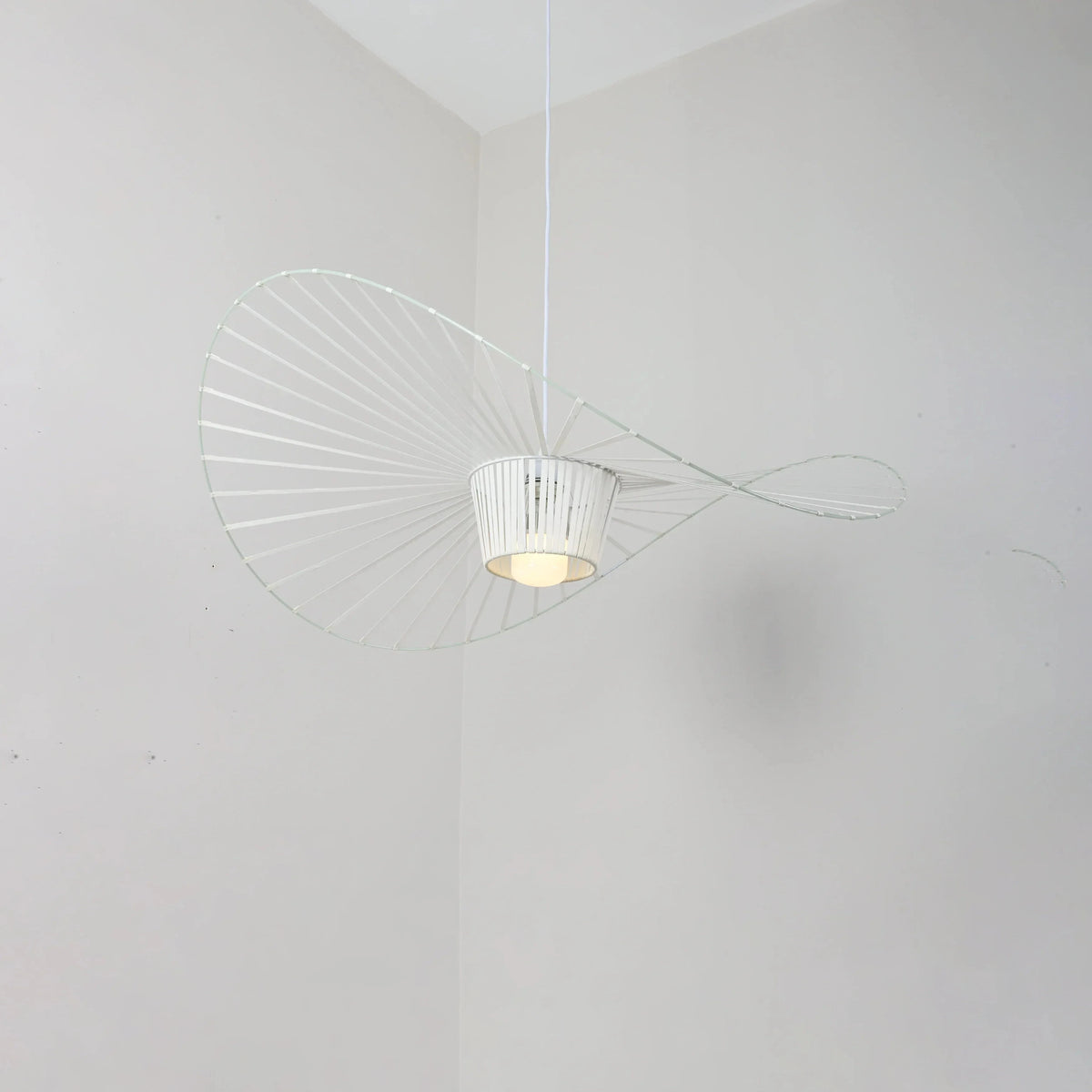 Front View of Modern White Wire Large Brim Pendant Light Studio Shot