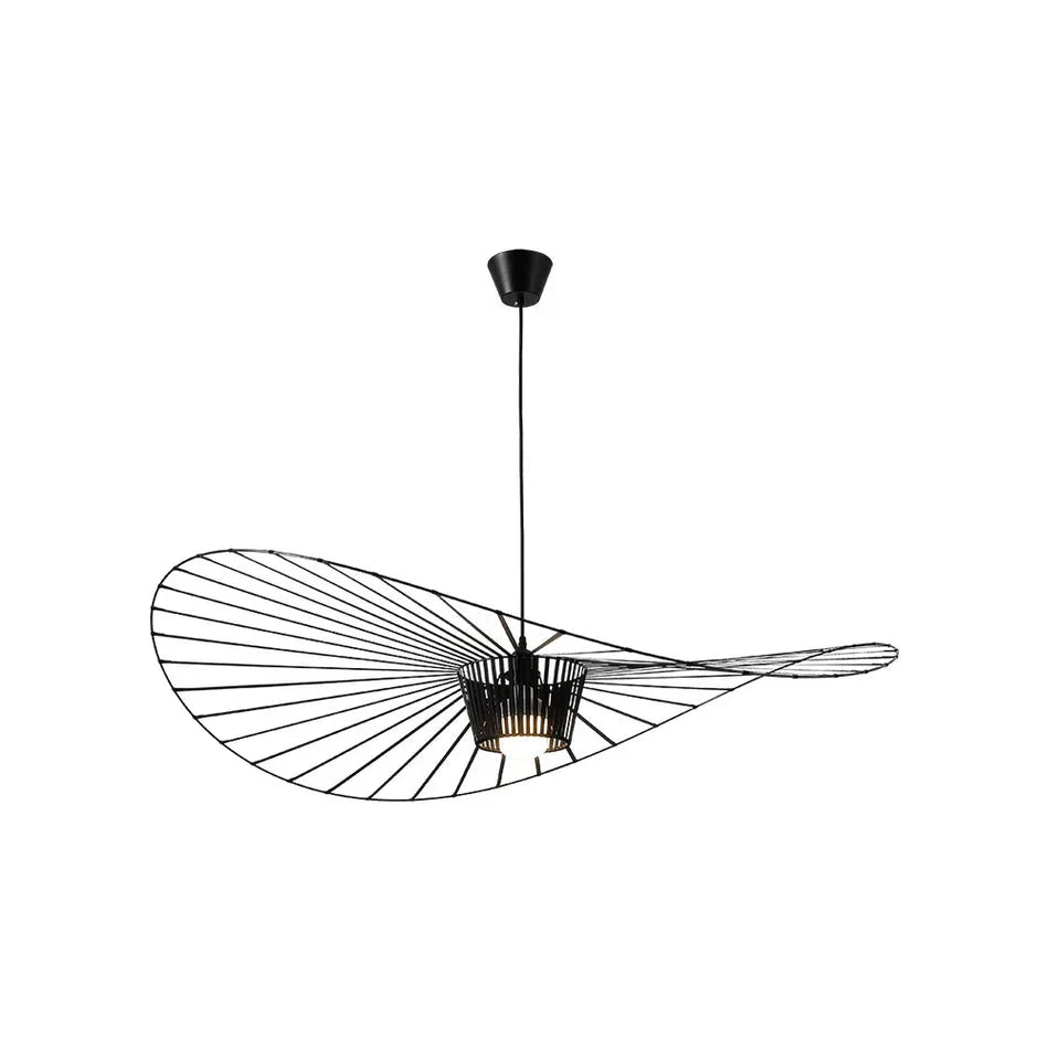 Modern Black Wire Large Brim Art Pendant Light with Black Canopy on Pure White Background