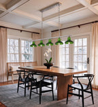 Modern Silver Green Art Glass Linear Chandelier in Cozy Dining Space