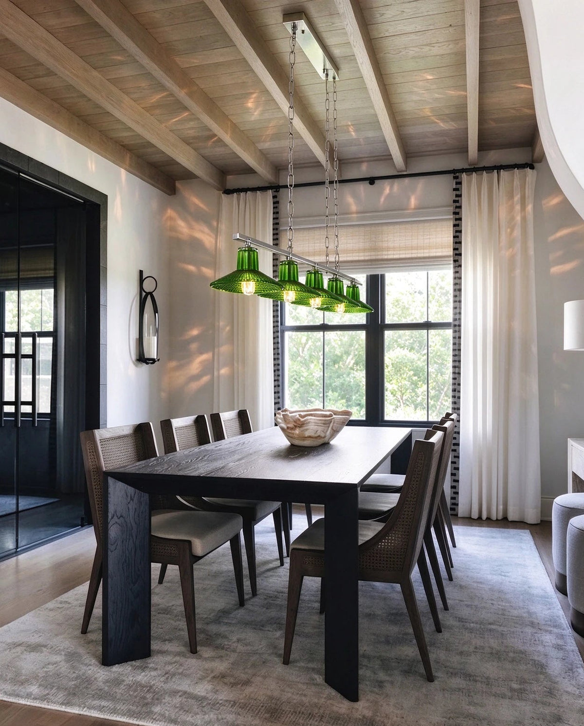 Modern Green Art Glass Linear Chandelier in Classic Dining Setting