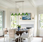 Modern Silver Green Art Glass Linear Chandelier in Elegant Dining Area