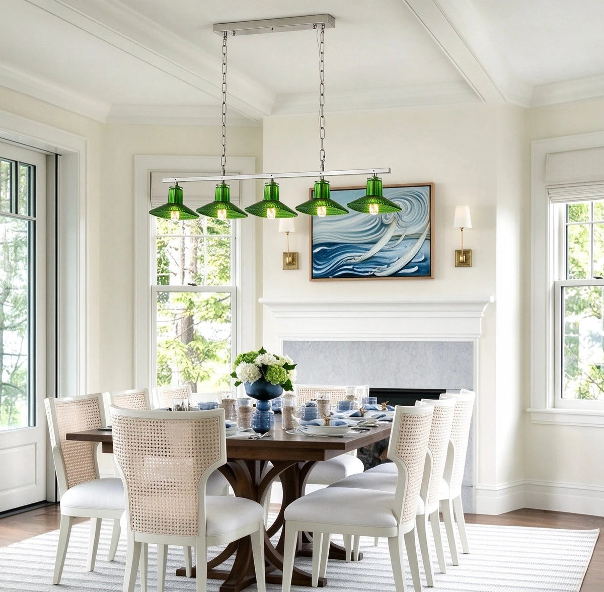 Modern Silver Green Art Glass Linear Chandelier in Elegant Dining Area