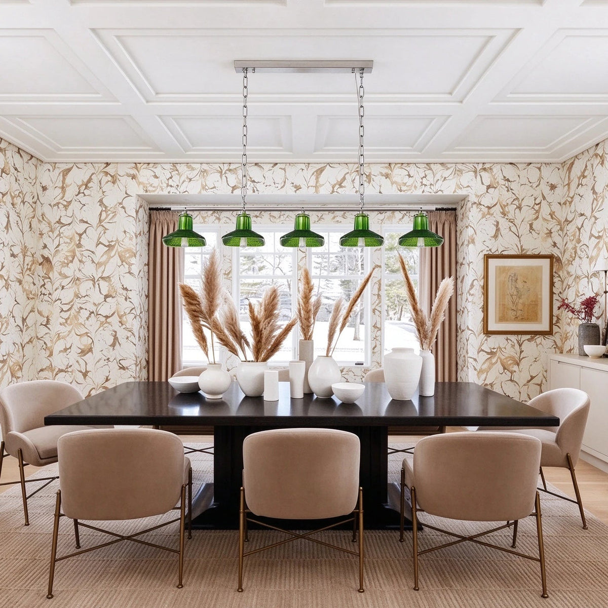 Modern Silver Green Art Glass Linear Chandelier in Open Plan Dining Setting