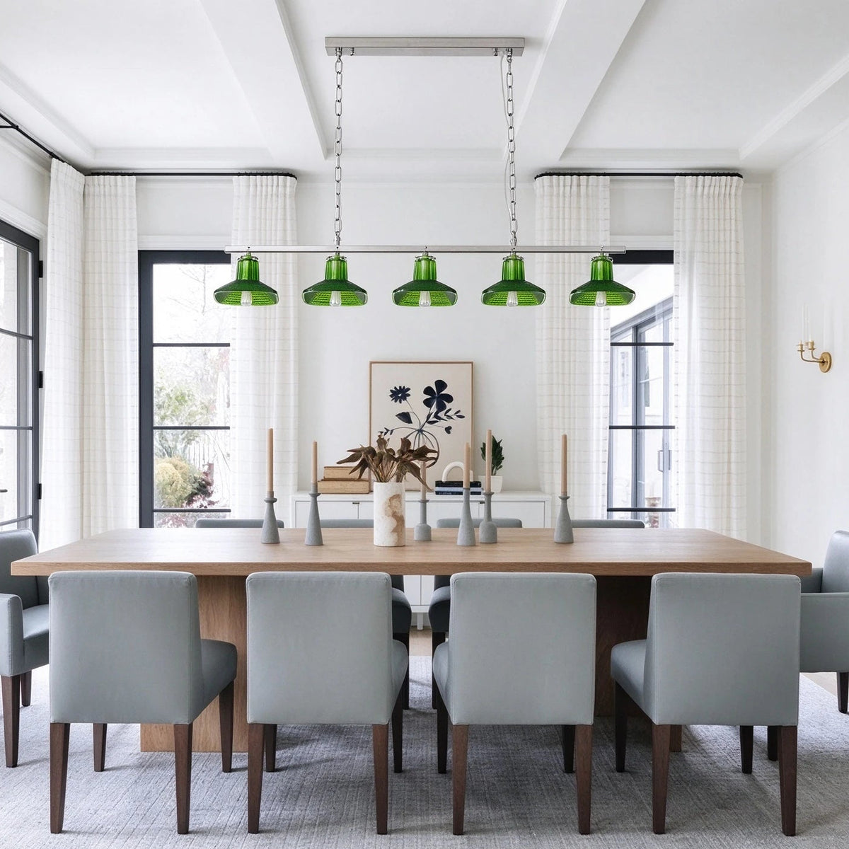 Modern Green Art Glass Linear Chandelier in Contemporary Dining Room