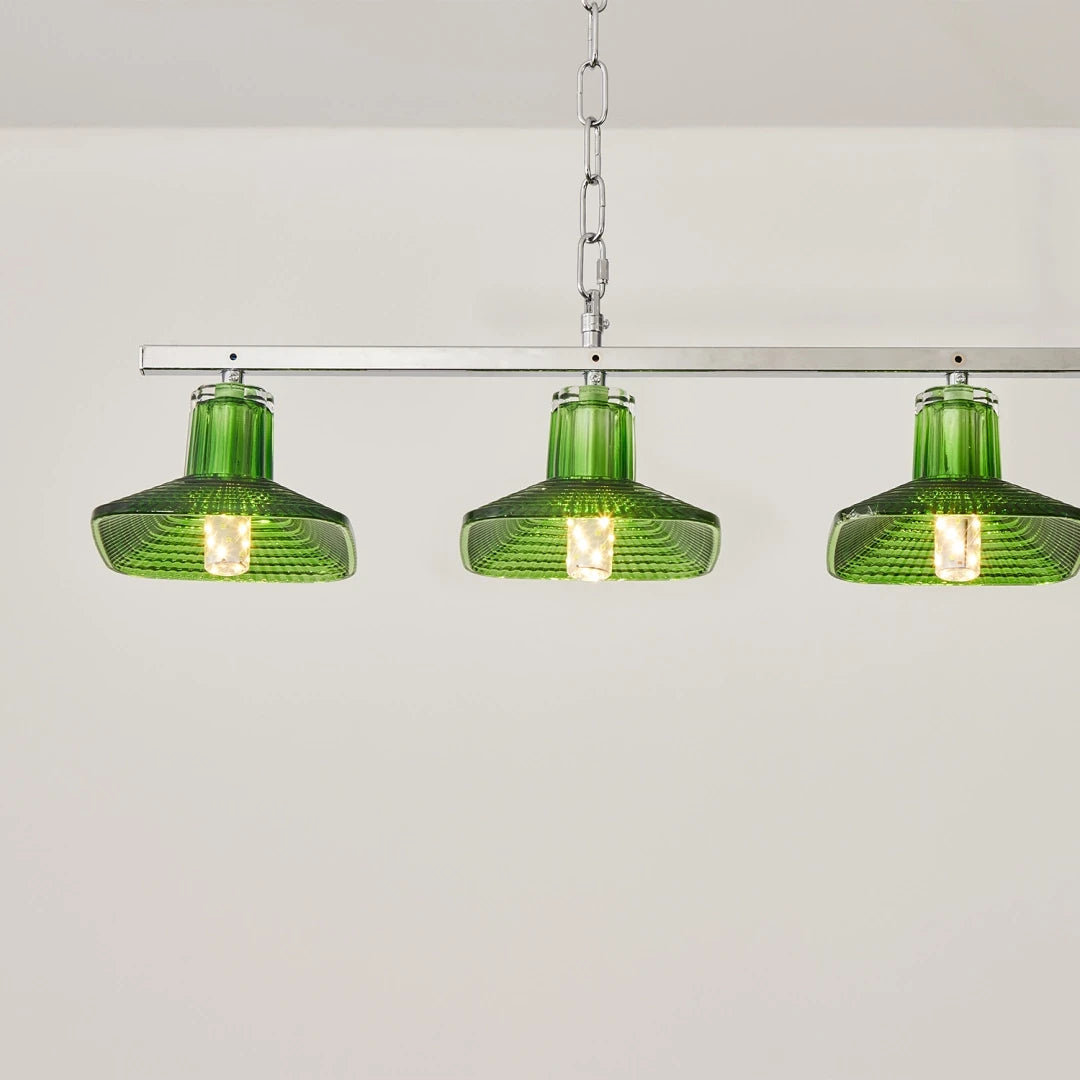 Illuminated Modern Green Art Glass 3-Light Linear Chandelier Studio Display