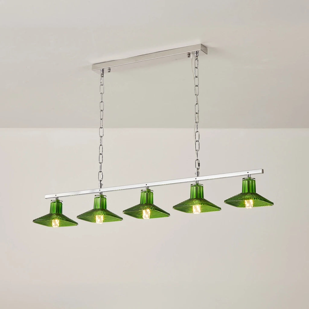 Illuminated Modern Silver Green Art Glass 5-Light Linear Chandelier Studio Shot