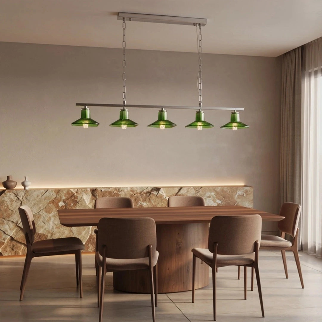 Modern Silver Green Art Glass Linear Chandelier in Stylish Dining Space