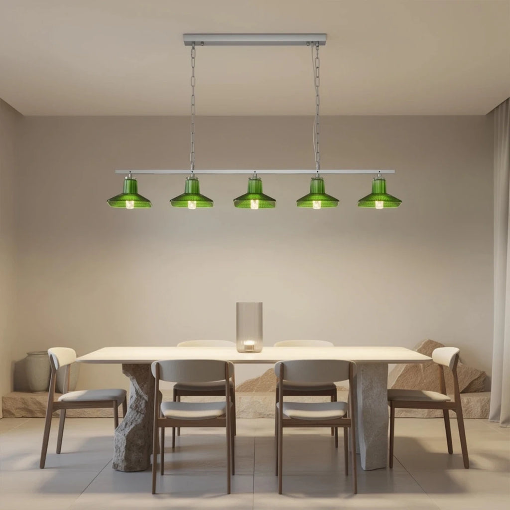 Modern Green Art Glass Linear Chandelier in Industrial Style Dining Area
